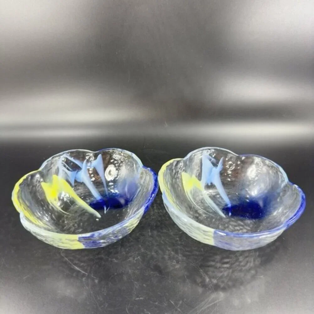 Vintage Aderia‎ Glass Bowl Set 2 Made In Japan Clear Blue Yellow Swirls Ruffled